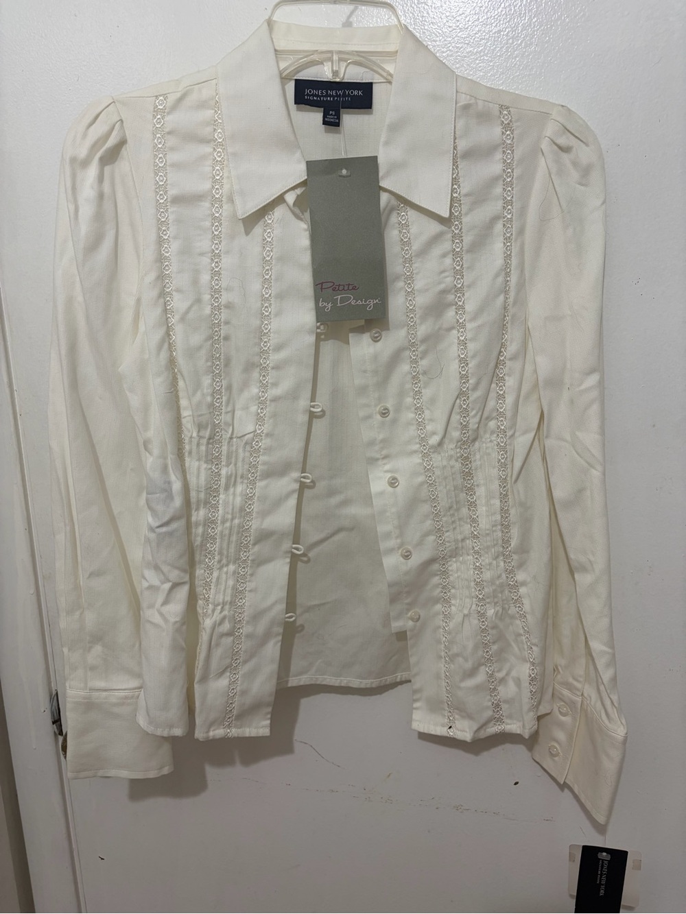 Jones New York White Petite Button-Front Blouse with Lace Trim